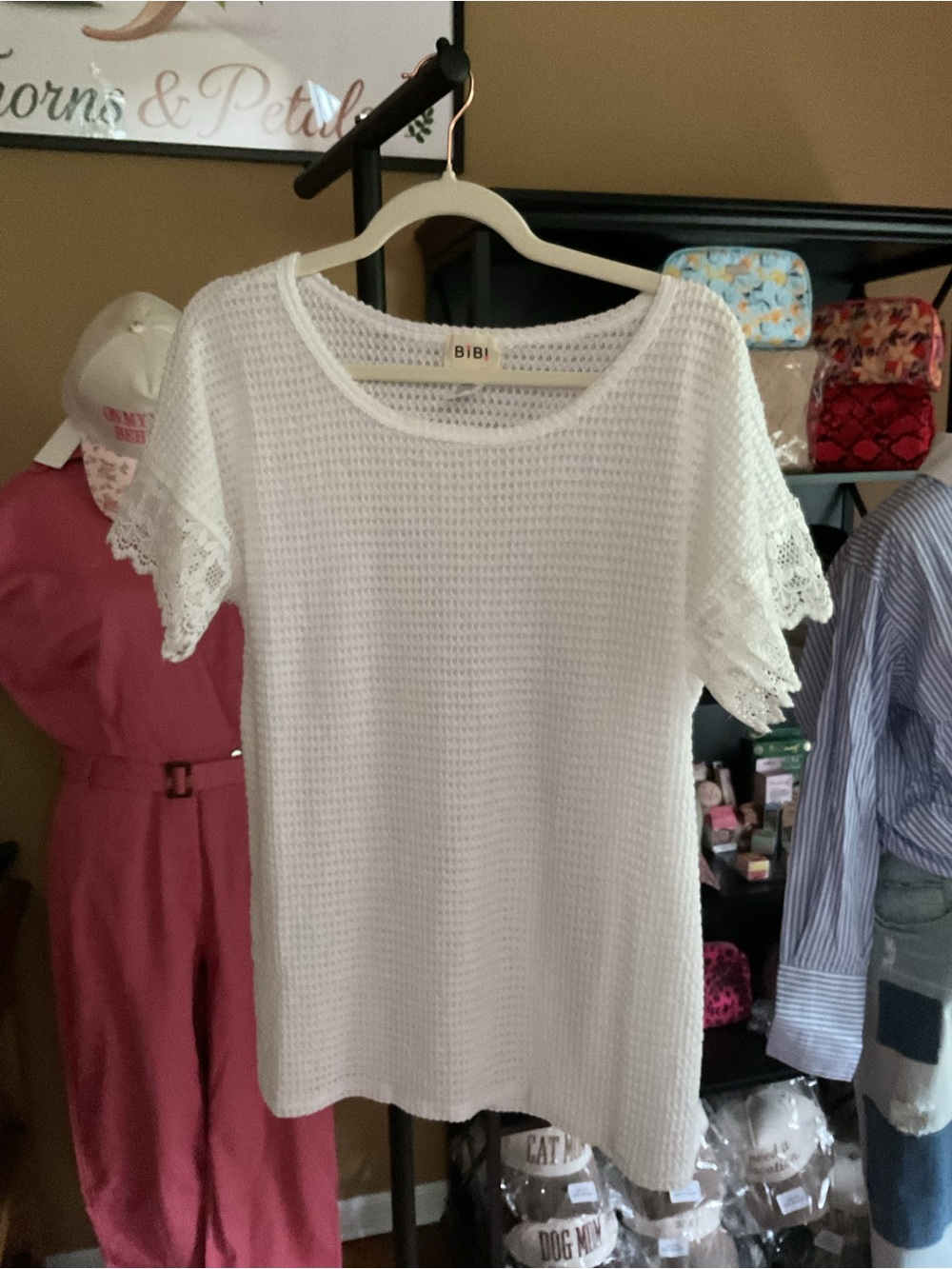 BiBi White Short-Sleeve Knit Top with Lace Trim